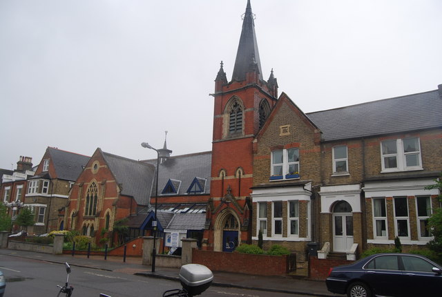 Streatham Baptist Church on Lewin Road, a red-brick church with a tall spire